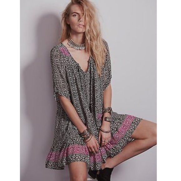 Free People Penny Lane Black Combo Chiffon Tunic Dress SZ M #1611 - Picture 3 of 10